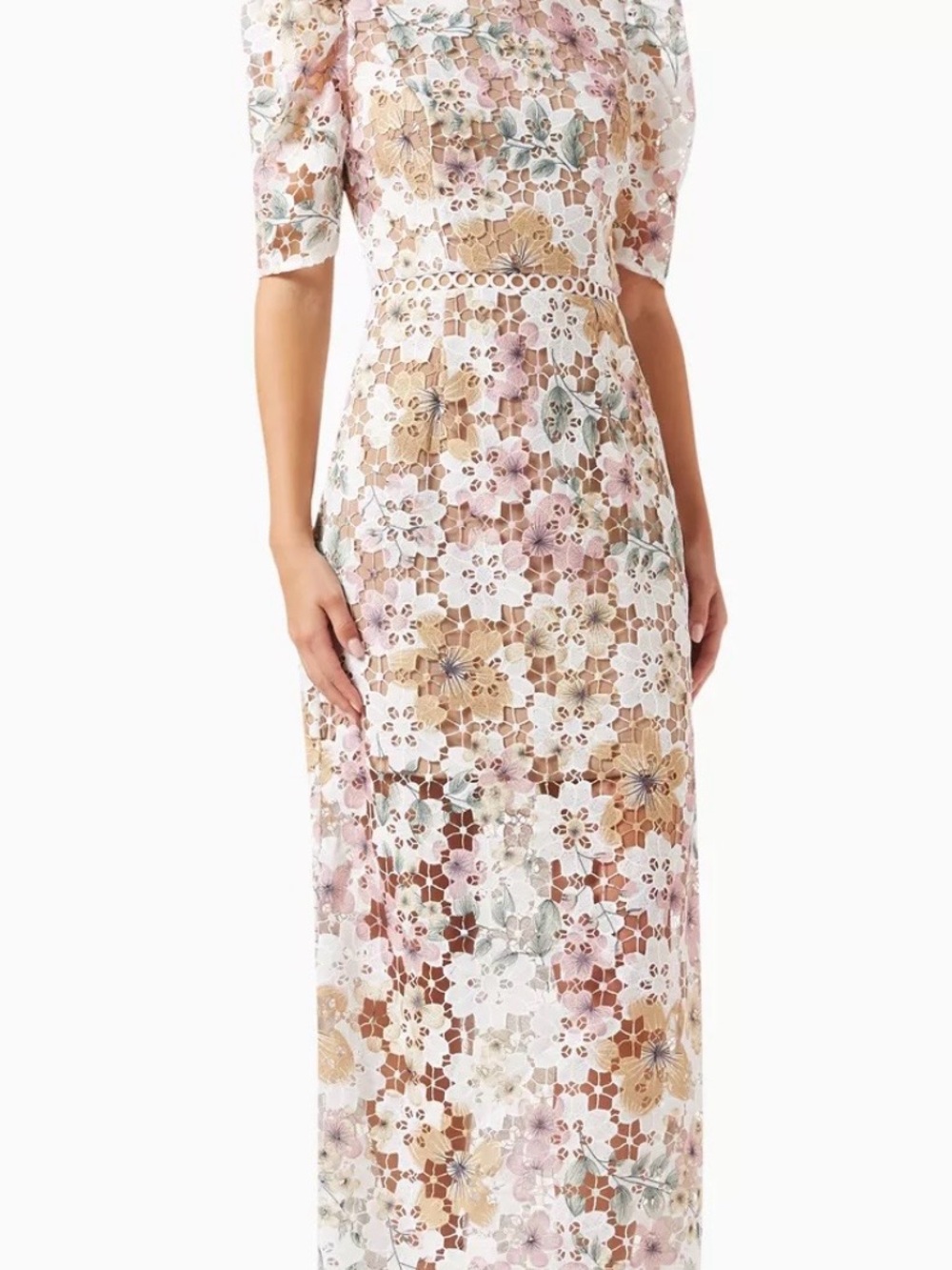 Elliatt White Lace Maxi Dress with Pastel Pink, Tan & Green Florals